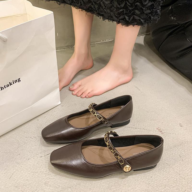 French Retro Chain Mary Jane Shoes for Women Spring Temperament Shallow Square Toe Single Strap Flat Shoes