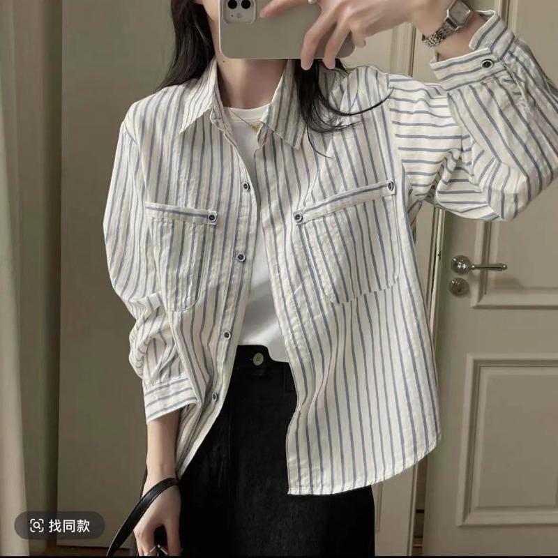 Casual Oversized Stripe Shirt Puff Sleeve Button Down Blouse Daily Wear Fashion Top For Women