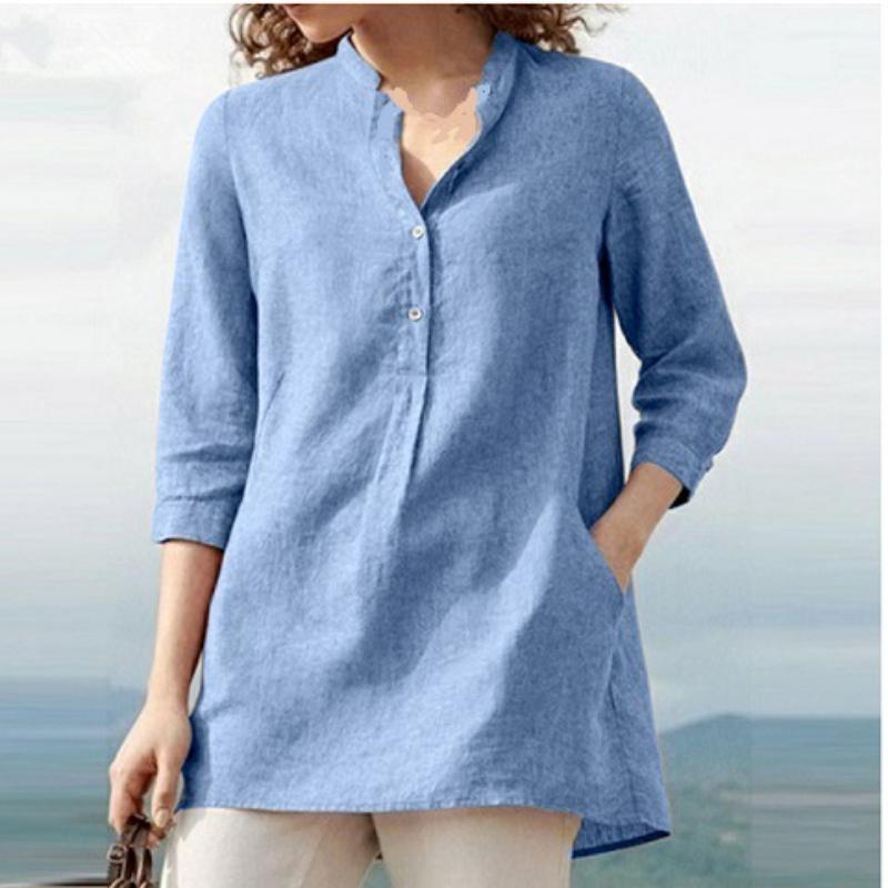 Spring 2026 Women's Solid Colour Seven Part Sleeve Stand Up Collar Cotton Linen Casual Pullover Shirt