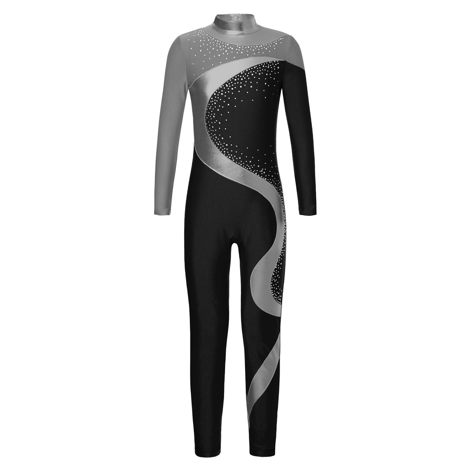 

Girls Contrast Color Metallic Patchwork Jumpsuit Mock Neck Long Sleeve Keyhole Back Bodysuit Gymnastics Dance Costume 5-6 Years чорний/сірий колір