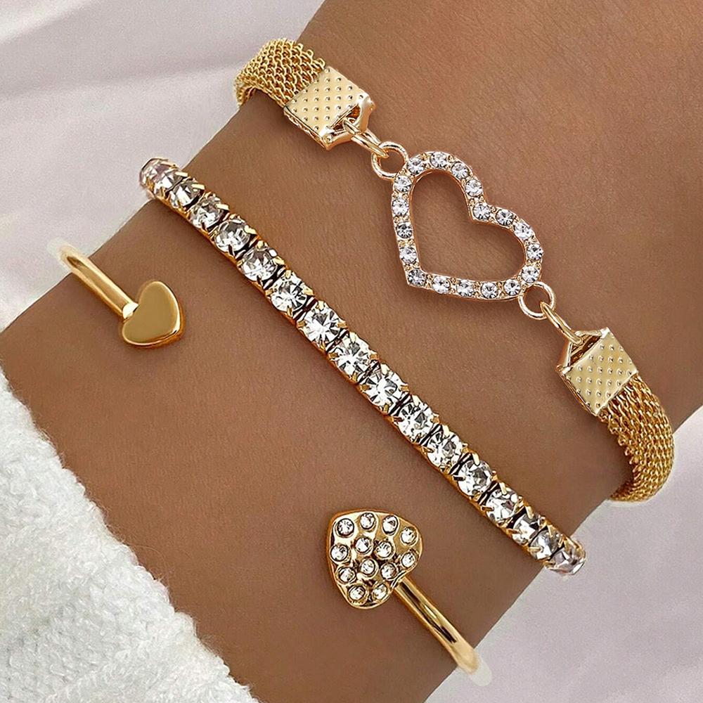 3pcs/Set Luxury Fashion Minimalist Personality Rhinestone Butterfly & Heart Layered Bangle Bracelet, High-End Accessory Set For