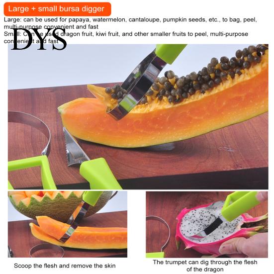 Edelstahl Obstlöffel Set 3-in-1 Baller Melonen Schnitzwerkzeuge Schäler Schneider Kerneentferner Eiscreme Küchenutensilien Dekoration