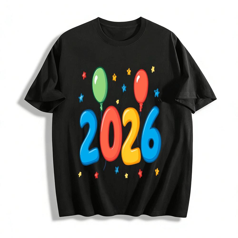2026 New Year Themed Balloon Star Print Casual Top For Men Women Pure cotton T-shirt XXS