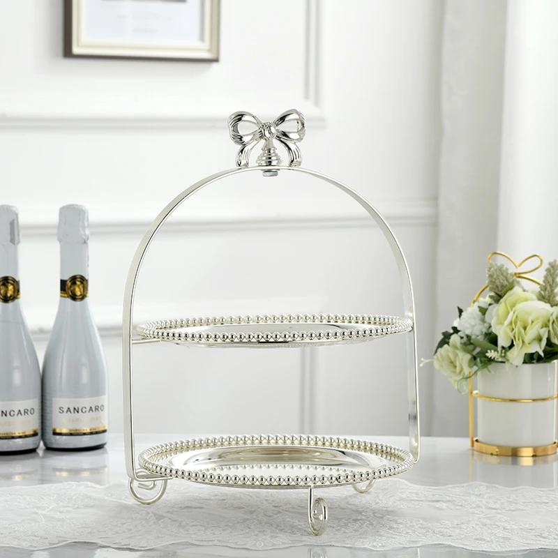 Single Layer Two Layers Three Layers Bow Metal Cake Stand Gold Silver Round Pearl Dessert Cake Pan Fruit Tray Display Stand