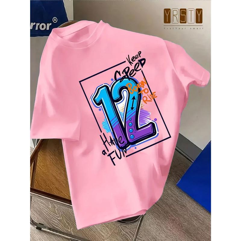 Kids Crewneck Short Sleeve T-Shirt, Fashion Print for Happy 12th Birthday, Born To Love Riding Graphic
