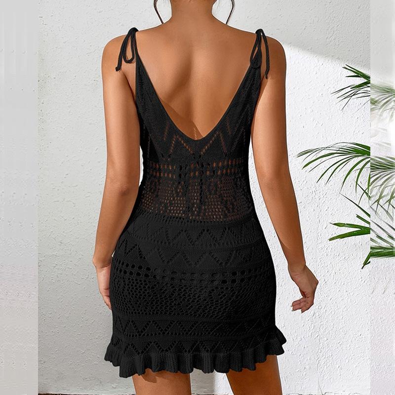 Summer Beach Mini Dress Lady Sexy Deep V Hollow Out Mesh Pullover Women's Knitted Sweaters See Through Casual Slim Sling Dresses