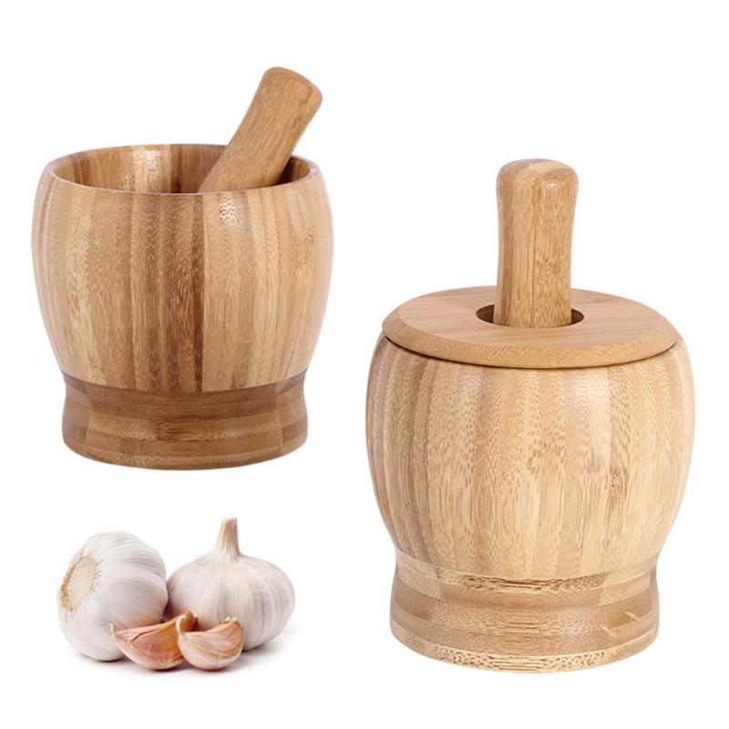 Bamboo Mortars and Pestle Set with Lid Pepper Garlic Spices Grinder Press Crusher Masher Kitchen Tool Grinding Bowl