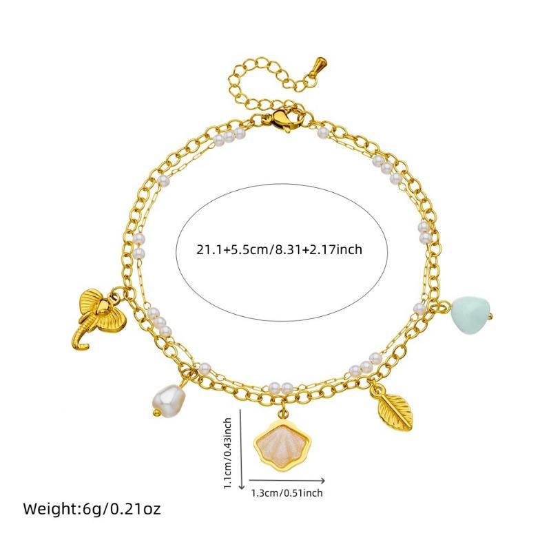 Gold Double-layer Elephant and Leaf Charm Anklet with Pearls