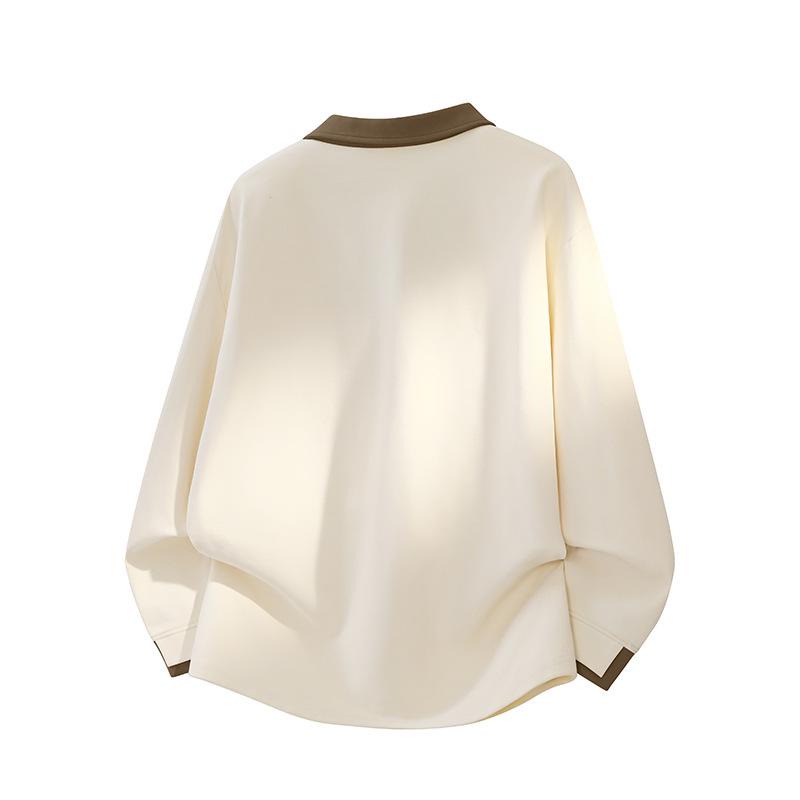 Men's Retro Color Block V-Neck Patchwork Hoodie Polo – Commuting Versatile Long Sleeve Top for Autumn/Winter