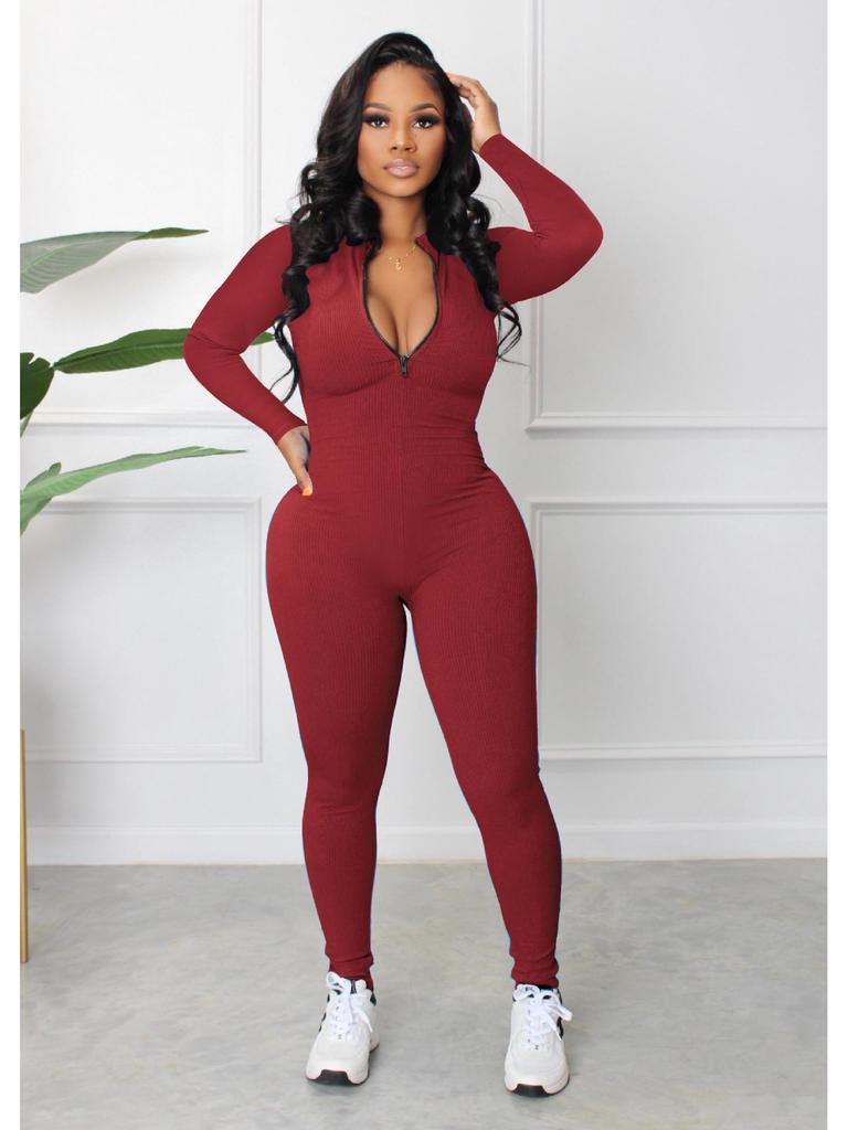2022 Autumn European and American Pit Stripe Zipper Sports Jumpsuit