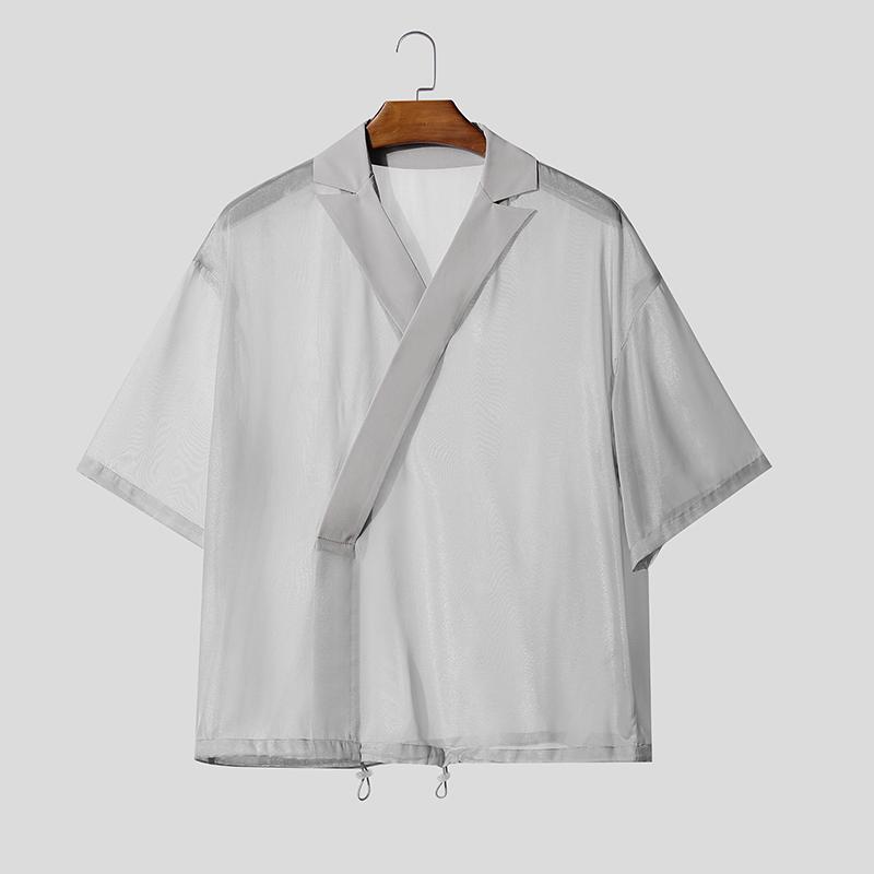 INCERUN Summer Men Lapel Short Sleeve Mesh Sheer See Through Casual Loose Shirts Tops 2XL светло-серый