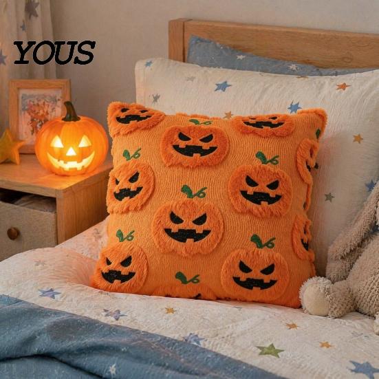 Cozy Bedroom Cushion Cover Ghost Pumpkin Cover, Halloween Throw Pillow Cute Gift Ideas Embroidered Case, Soft Plush Pillowcase for Couch Sofa Holiday