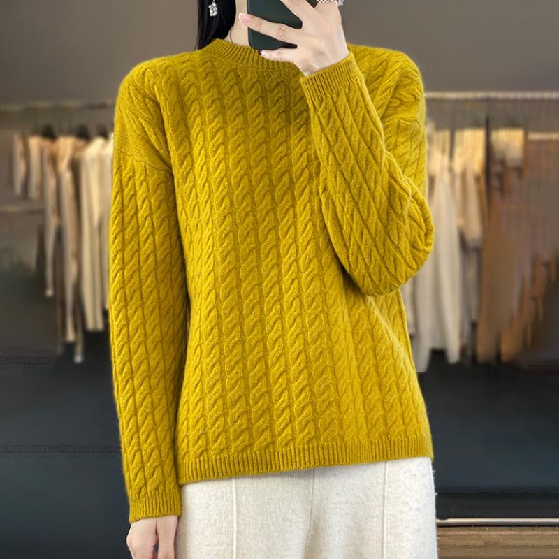 Round Neck 100% Pure Cardigan for Women's Autumn and Winter Solid Color Twist Sweater Loose and Versatile Warm Cashmere Base Shirt