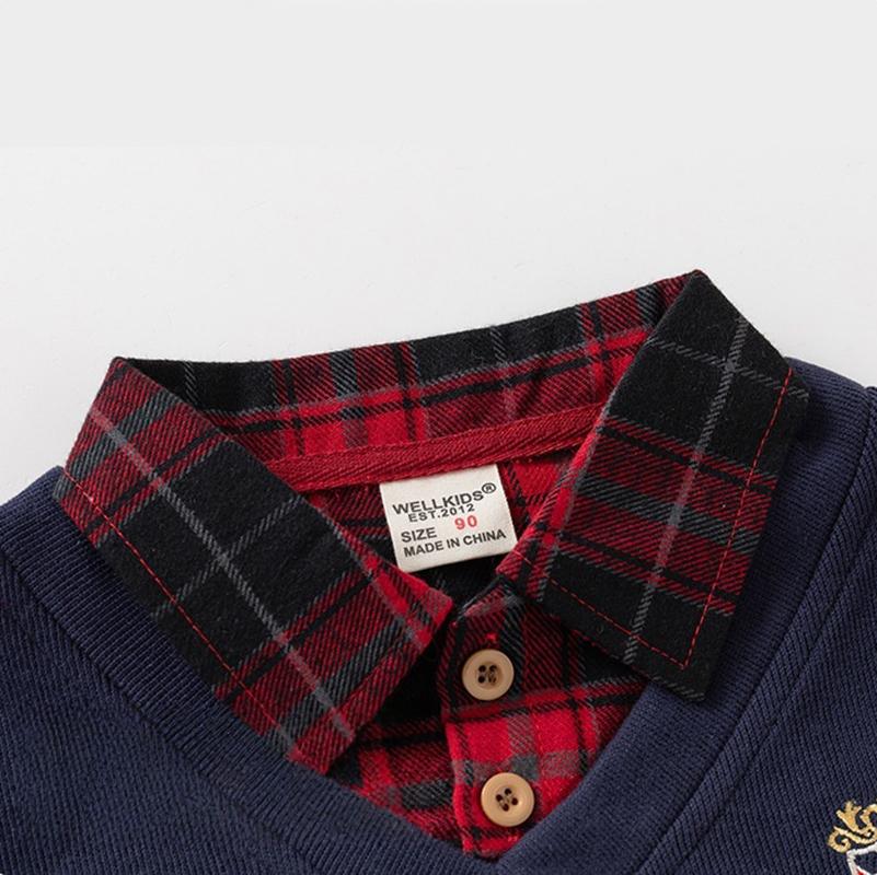 Spring Children Clothes Hoodie Boys Preppy Style Fake Two-Piece Sweatshirt Plaid Collar Long Sleeve Embroidered Boys Top