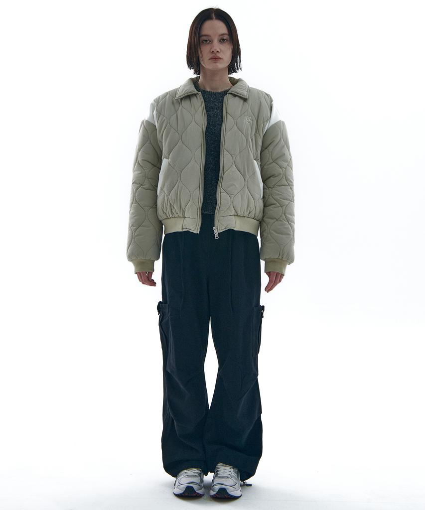 Place Studio Oversized Quilted Contrast Collar Varsity Jacket Padded Jumper [Beige]
