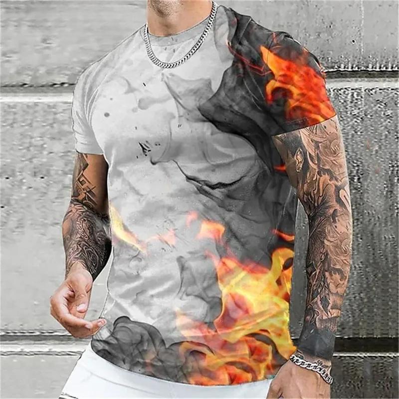 Summer Round Neck 3D Colorful Flame Graphic Print Top Fashionable Casual Short Sleeved Men's T-shirts