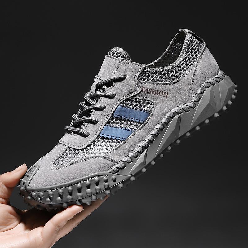 

Outdoor fly-woven mesh shoes breathable casual high-end versatile trend leather splicing sports shoes thin platform mesh shoes 46 сірий колір