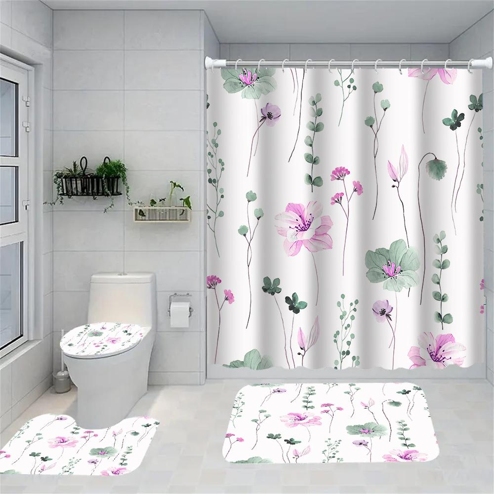 1/4 Flowers And Plants Shower Curtains, Toilet Seat Decoration, Shower Curtain With Carpet And Toilet Lid, 12 70.8X70.8 Inch Hoo
