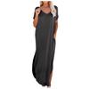 Casual Women's Loose Swing Long Dress V-neck Short-sleeve Solid Color Side Slit Summer Fashion