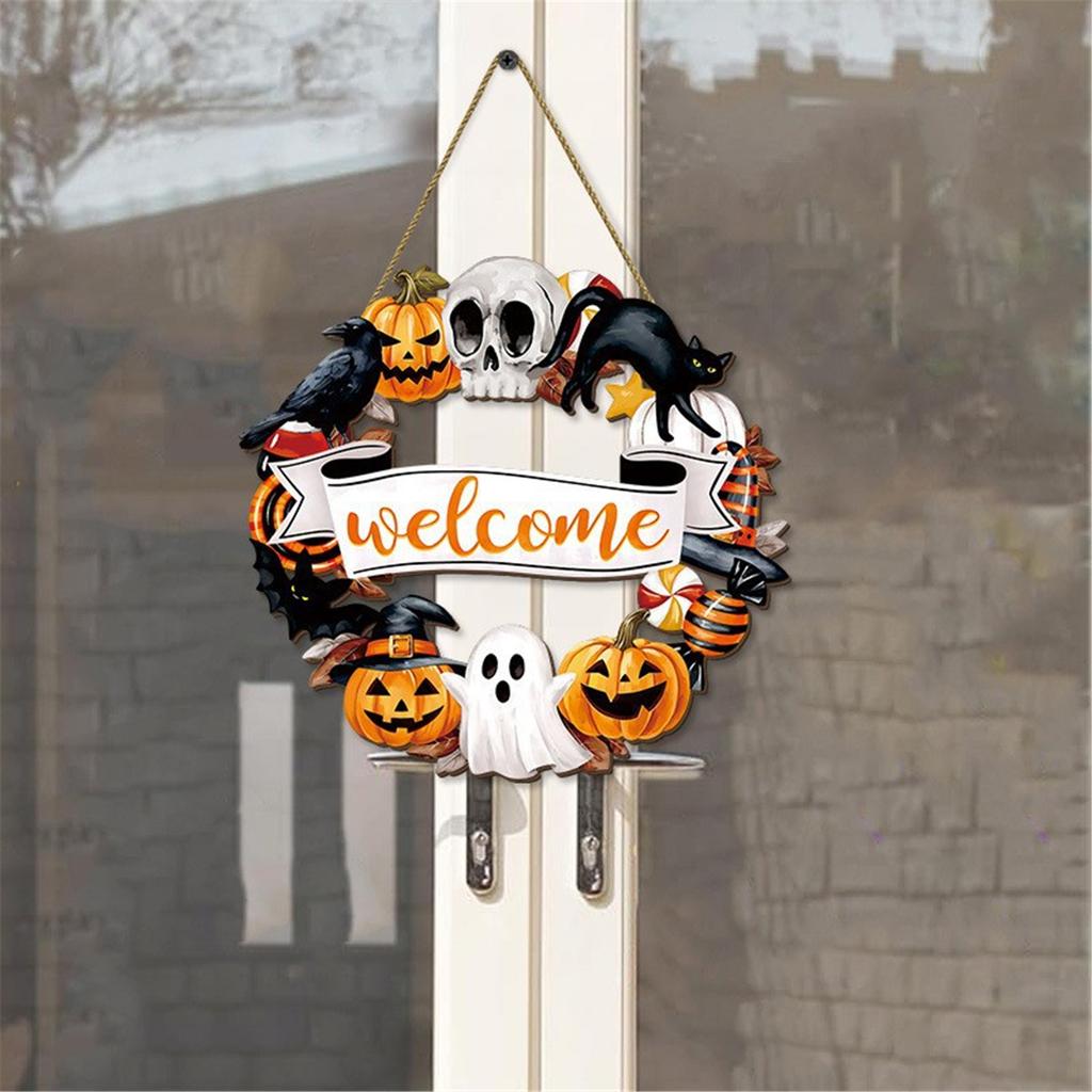 Halloween Dekorationen Hängendes Willkommensschild Holz-Kranz Haustür-Hänger Innen Außen Hof Wand Dekorationen Geschenk