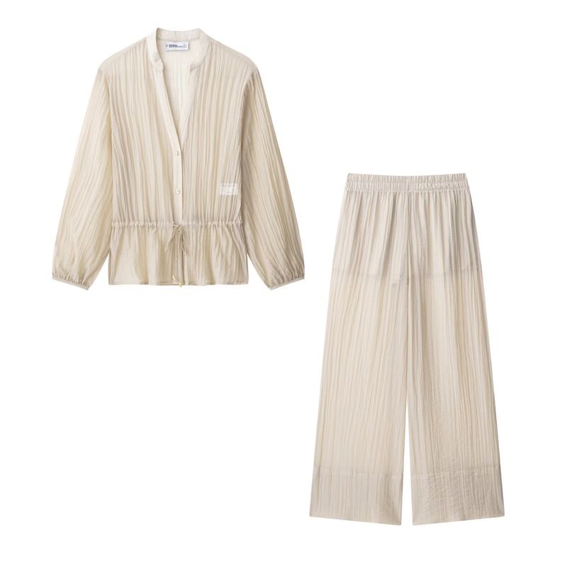 Kaslead New Women clothes Western Style Wrinkle Translucent Shirts Casual Pants 3897106 3897206