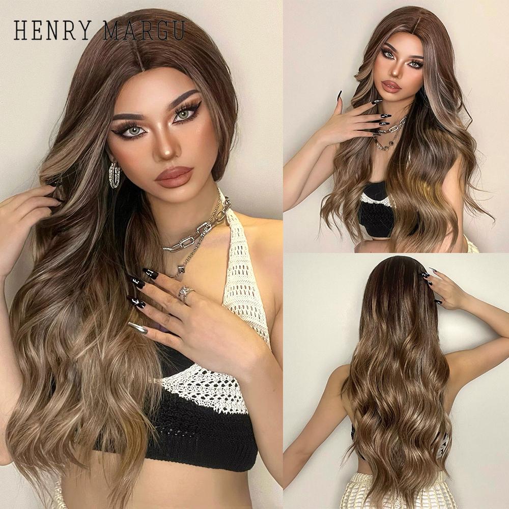 HENRY MARGU Dlouhá střední část Vlnitá syntetická paruka pro ženy Ombre Šedá Světle popelavá Blond Paruky Tmavé kořeny Umělé vlasy při vysoké teplotě