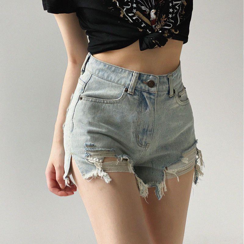 Women's High-Waist Retro Ripped Denim Shorts - Slimming A-Line, Irregular Raw Edge, Wide-Leg Style for Spring & Summer