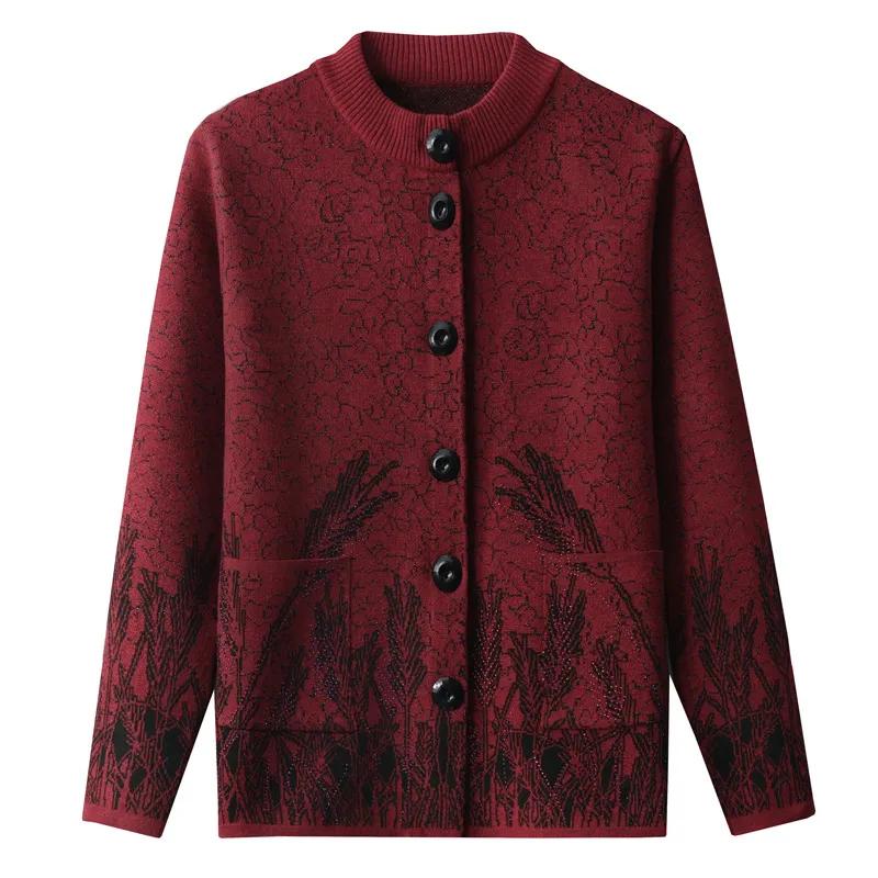 

Women Spring Autumn Outerwear Coat Round Neck Knitwear Jacket Grandma Crop Knit Tops Middle Aged Mother Cardigans Sweater 4XL красный