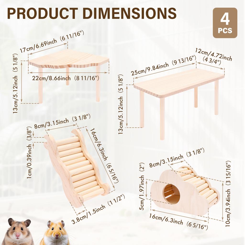 4 Pcs Hamster Platform Ladder Hideout Wood Playhouse Hamster Game Climbing Toy for Small Pet Hamster Rat Gerbil Chinchilla Mouse
