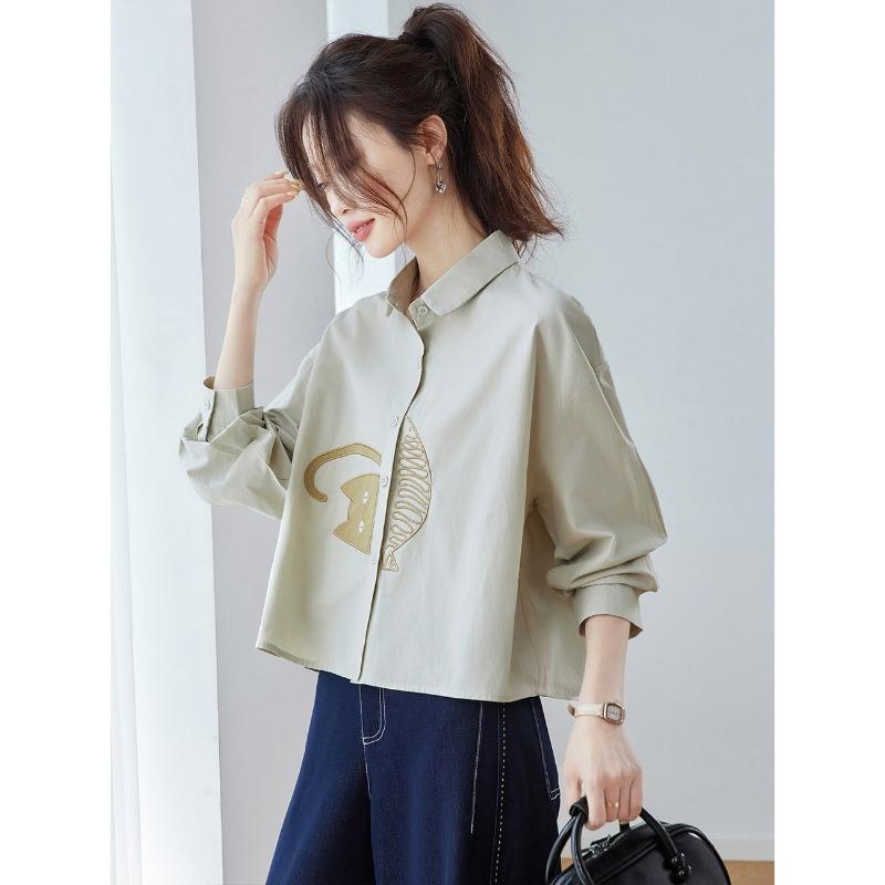 Women S Embroidered Short Loose Long Sleeve Turn Down Collar Shirt