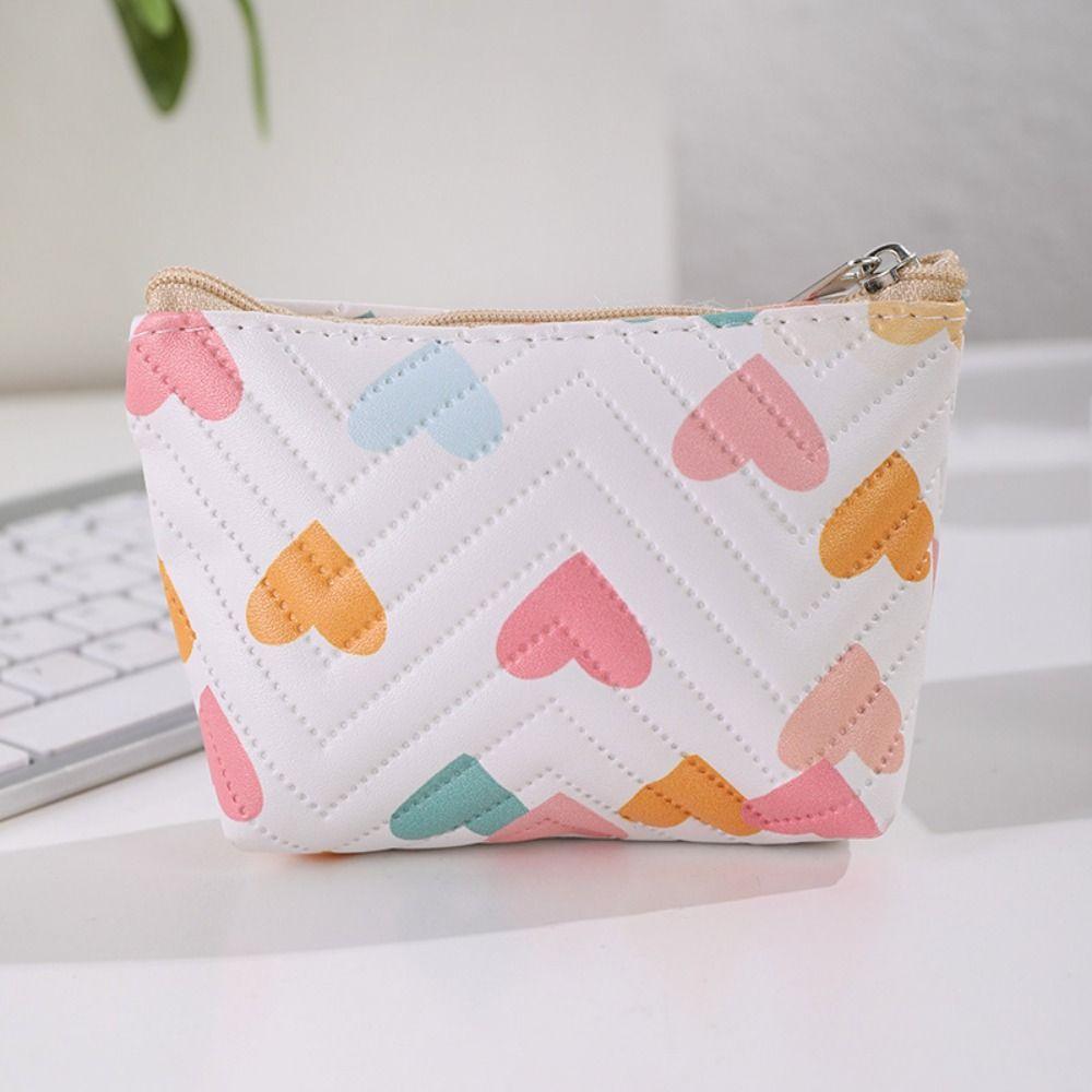 Multi-functional PU Leather Coin Purse Heart Patterns Zipper Closure Mini Wallet Small Makeup Bag Home Travel Lipstick Holder