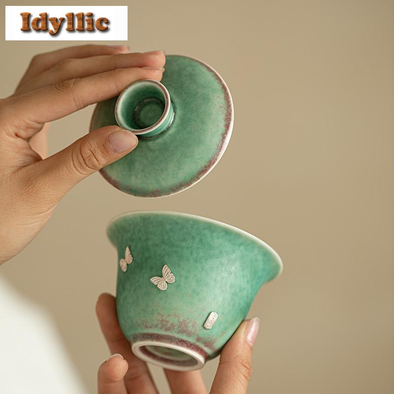 125ml Kiln Fambe Crystalline Glaze Silver Inlaying Gaiwan Antique Tea Tureen Tea Bowl With Lid Kit Tea Brewing Cover Bowl Cha