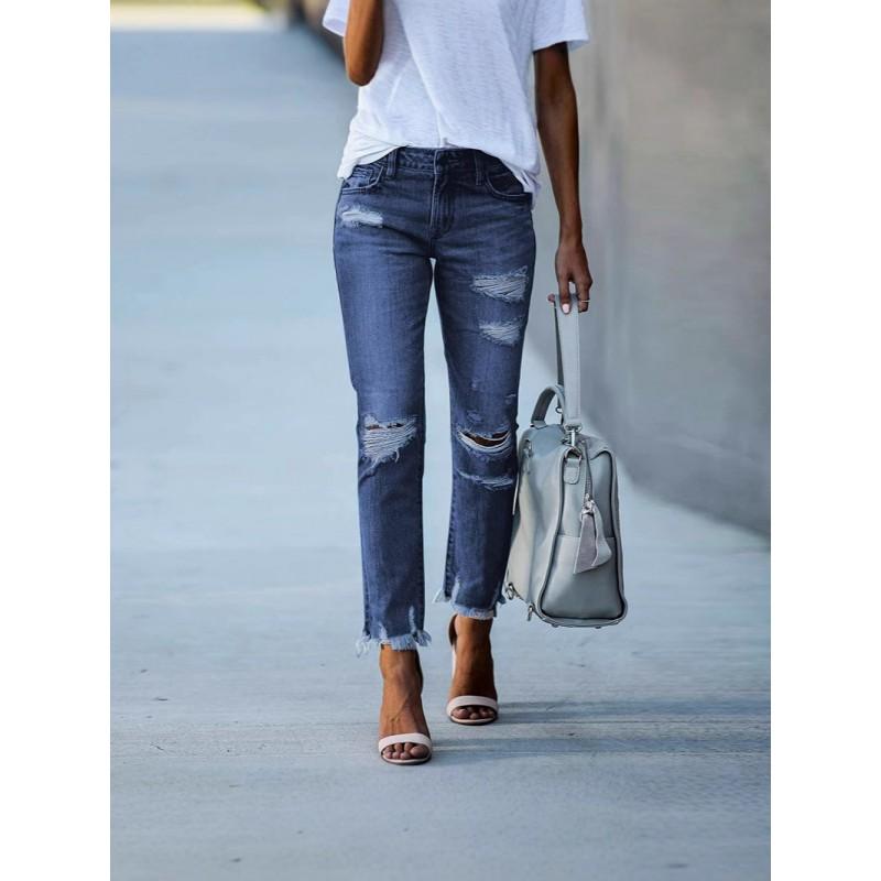 Womens High-Waisted Straight Cut Distressed Denim Jeans Slim Fit Cotton Blend Casual Workwear