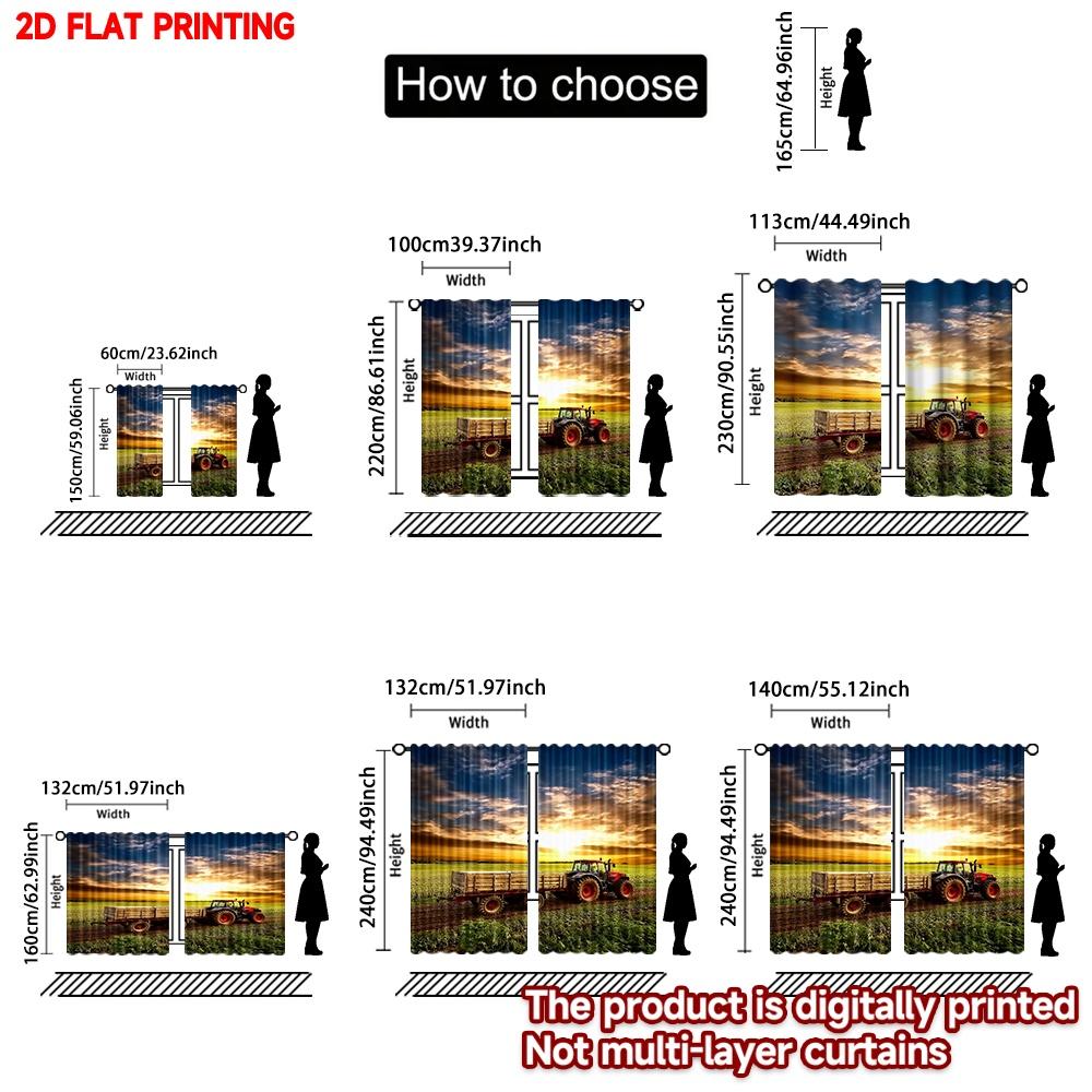 2D flat printing 2pcs Window Treatment Curtains Sunset Farm Tractor Digital Printed Polyester Drapes Festive Wall Decor Perfect