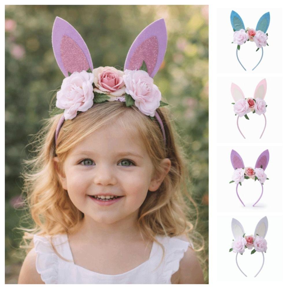 Floral Decoration Rabbit Ears Headbands Non-slip Cosplay Headbands Bunny Ears Hair Hoop Children