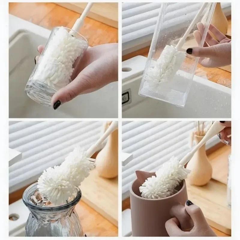 1pc Long Handle 360 Rotating Cup Brush Baby Bottles Nipples Soft White Silicone Bristles Tea Stain Cleaner Glassware Kitchen Too