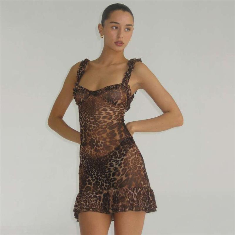 Women's New Summer Leopard Print V-neck Sexy Backless Mesh Cami Dress