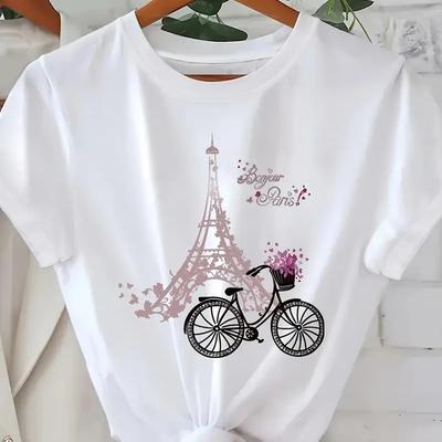 Women Summer T Shirt  Print Romantic Paris  Short Sleeve Tees Casual   Printed  Tops