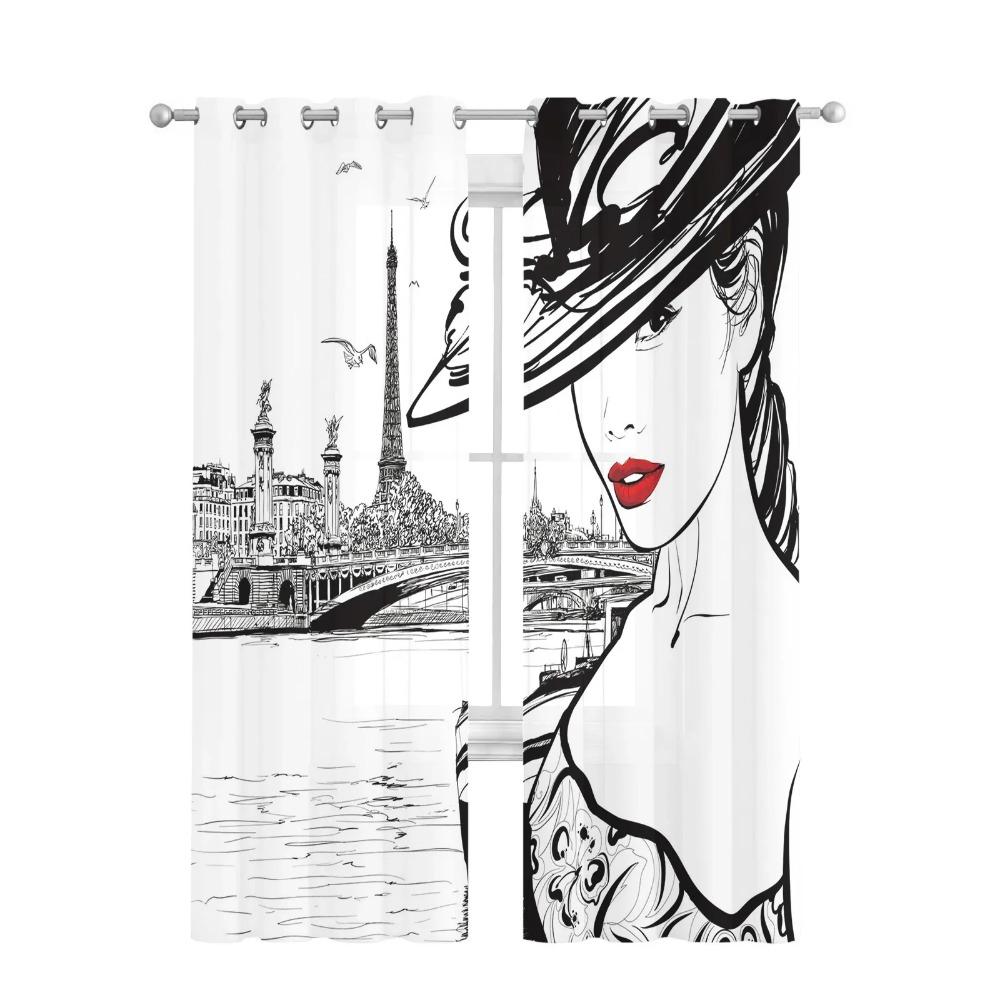 Paris Seine Woman Eiffel Tower Red Lips Tulle Sheer Curtains for Living Room Bedroom Decor Window Curtain Voile Organza Drapes