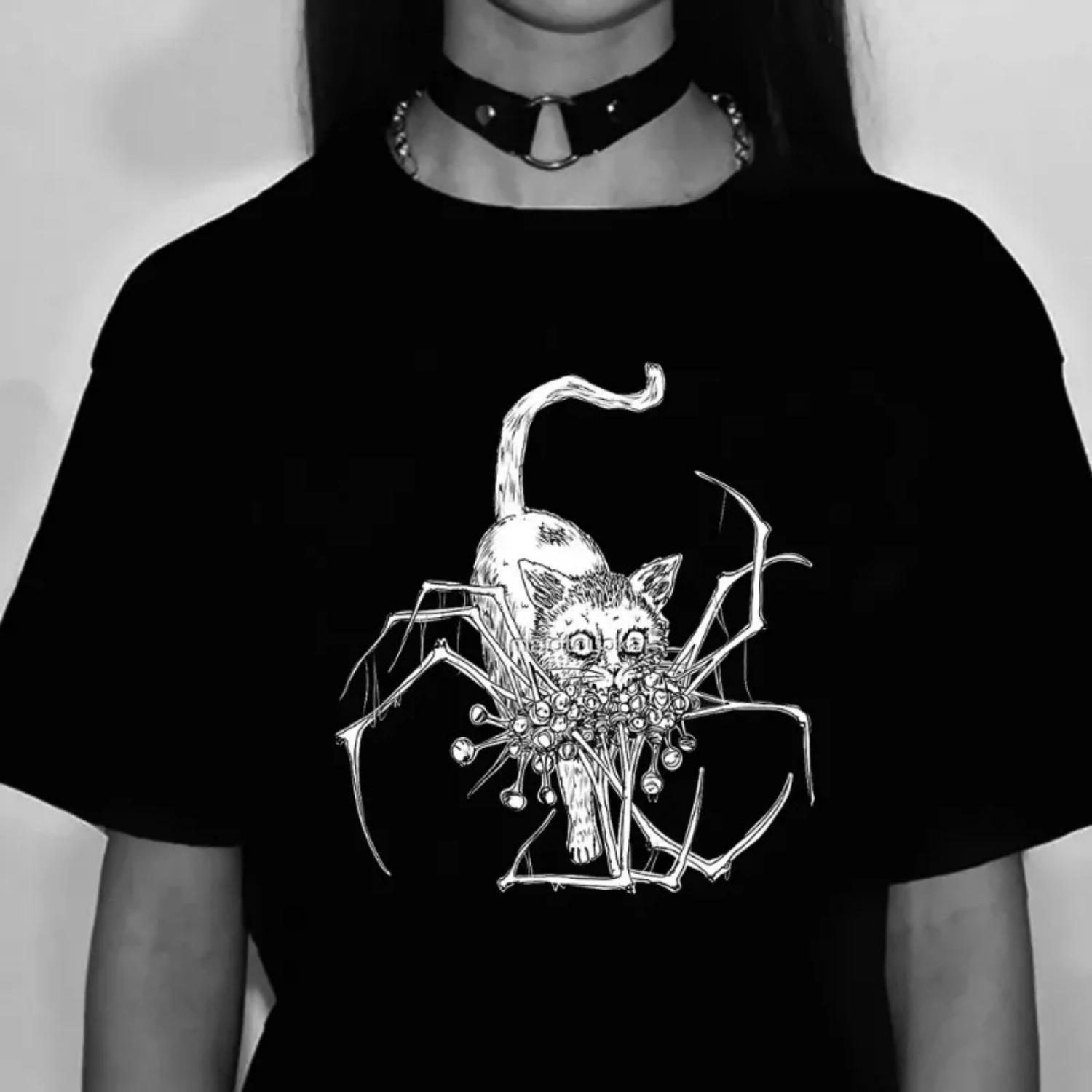 Junji Ito  s Top Designer T-Shirt Girls 2000s Fun Retro Harajuku Clothing Printed T-Shirt Harajuku Black Y2K T-Shirt S