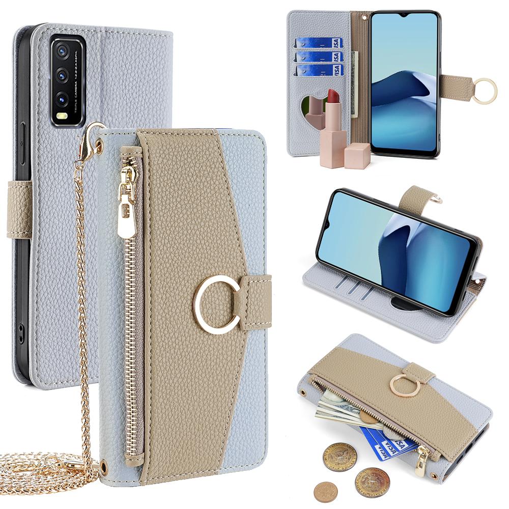 

For vivo Y20/Y20i/Y20s/Y11s/iQOO U1x/Y12s Case Zipper PU Leather Purse Crossbody Phone Cover C