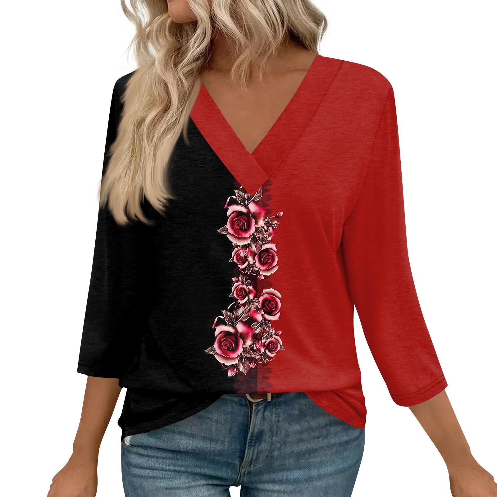 

Женские топы с рукавами 3/4 и V-образным вырезом, повседневные туники, базовые рубашки, блузки свободного кроя S винный