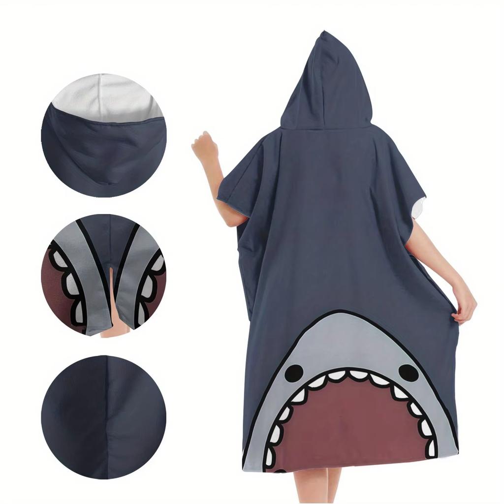 Funny Shark Flat Print Hooded Beach Towel Quick Dry Surf Poncho Changing Robe for Women Adult Swimming Travel Pool Bath Mat
