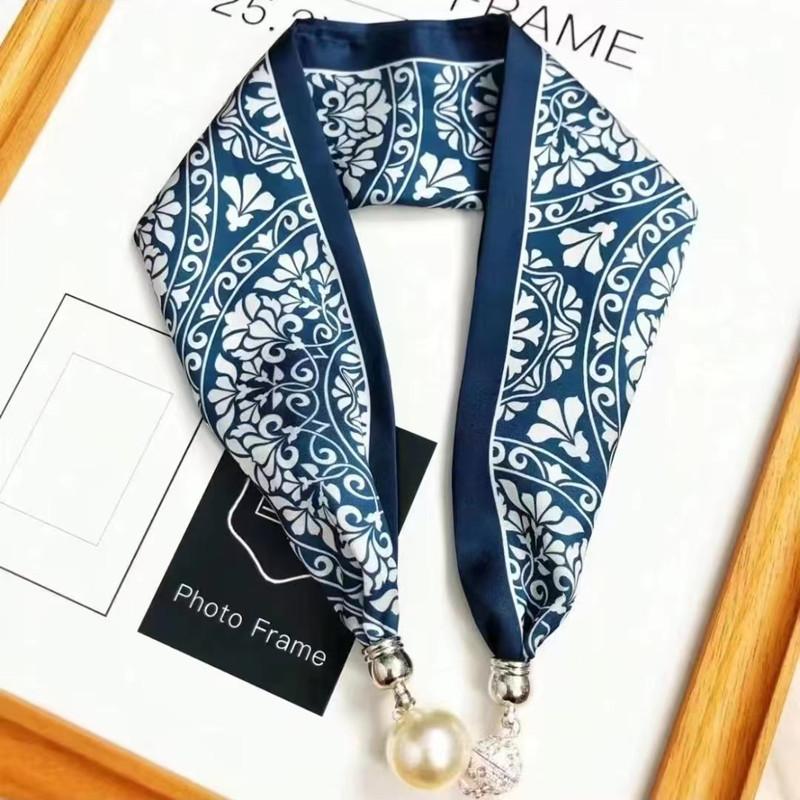 Live Season Magnet Buckle Silk Scarf Women'S Pearl Necklace Long Silk Scarf Headband Decorative Small Scarf