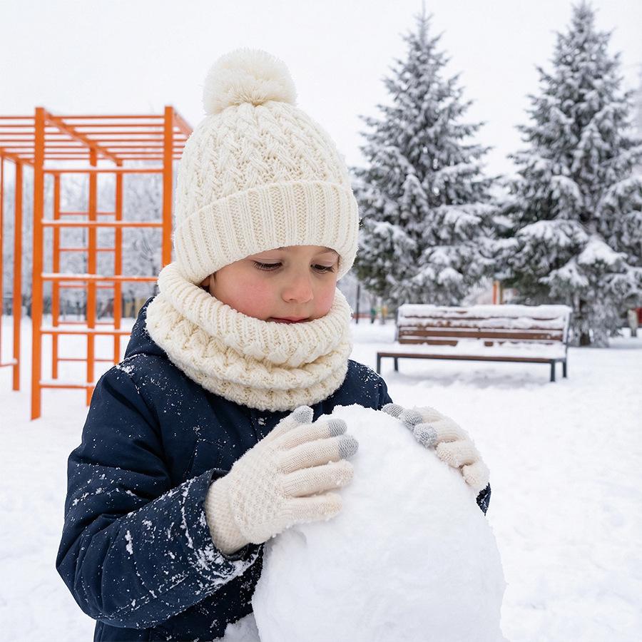 Europäisches & Amerikanisches Kinder Herbst/Winter Plus Samt Bommelmützen, Schal & Handschuhe Set