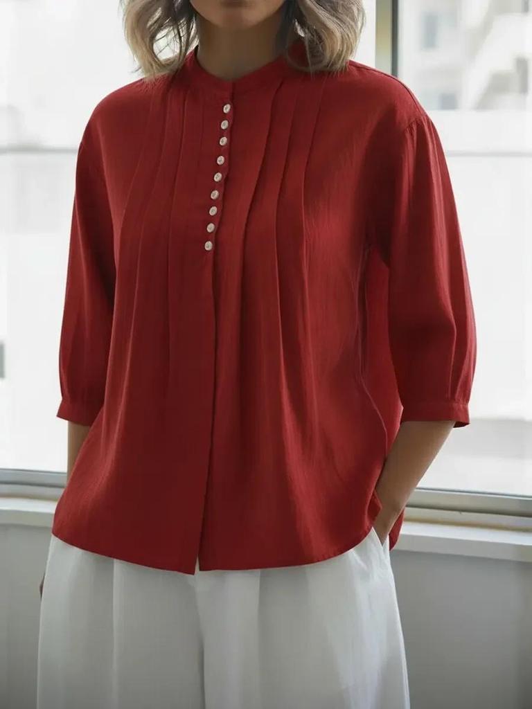 2026 Spring/Summer Women's Pure Cotton Pleated Button-Up Shirt - Solid Color, European & American Style