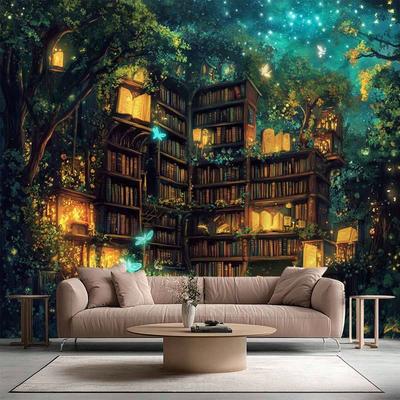 1 stuks Fantasy Bos Bibliotheek Wandkleed, Multi - Seizoen Universeel voor Slaapkamer Woonkamer Wanddecoratie, Polyester 2D Platte Decoratie