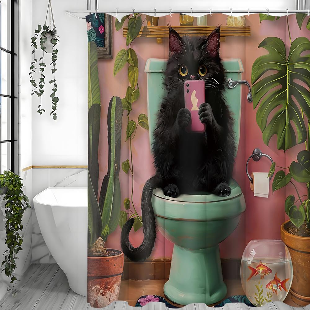 Cat playing with cell phone on toilet Greenery Goldfish Shower Curtain, Bathroom Decorative Shower Curtain, Waterproof Shower Cu