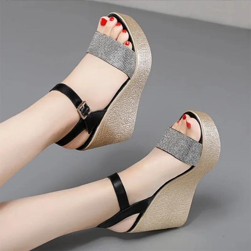 8cm 11cm Small Size 32-43 Fashion Mix Color Rhinestone Platform Wedges Sandals 2024 Thick Sole High Heels Shoes for Office Model
