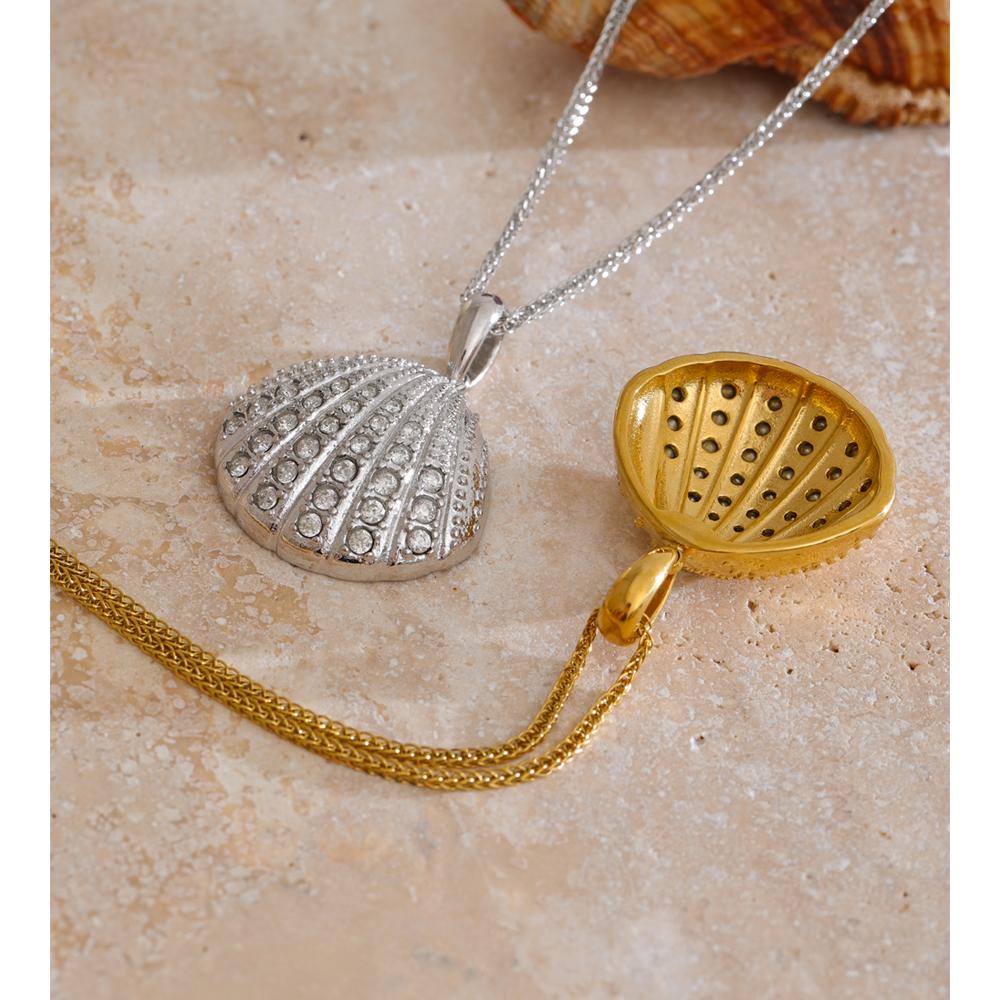 Yhpup Ocean Style Inlaid Cubic Zirconia Shell Exquisite Pendant Necklace Stainless Steel Trendy Collar Jewelry Tarnish Resistant